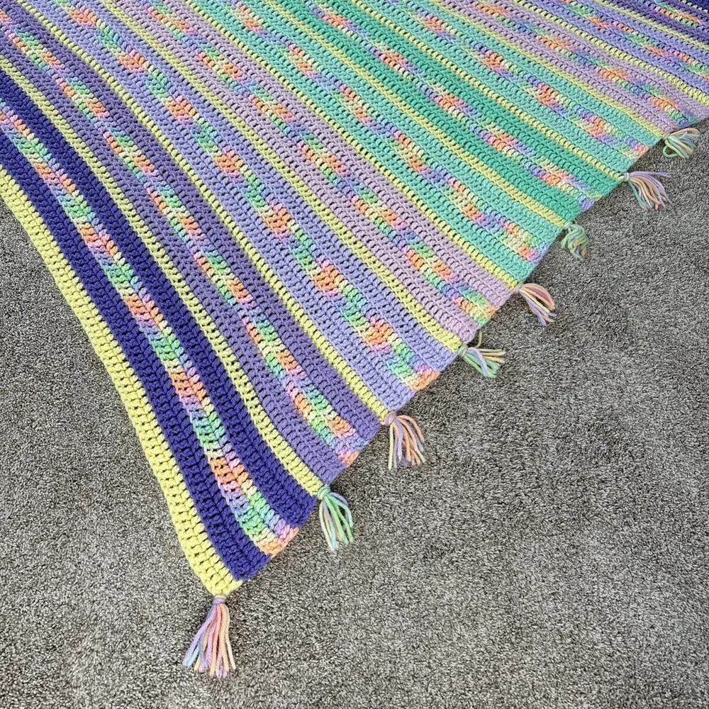 Vtg‎ Handmade Crochet Afghan Large Pastel Throw Blanket Spring Easter 50